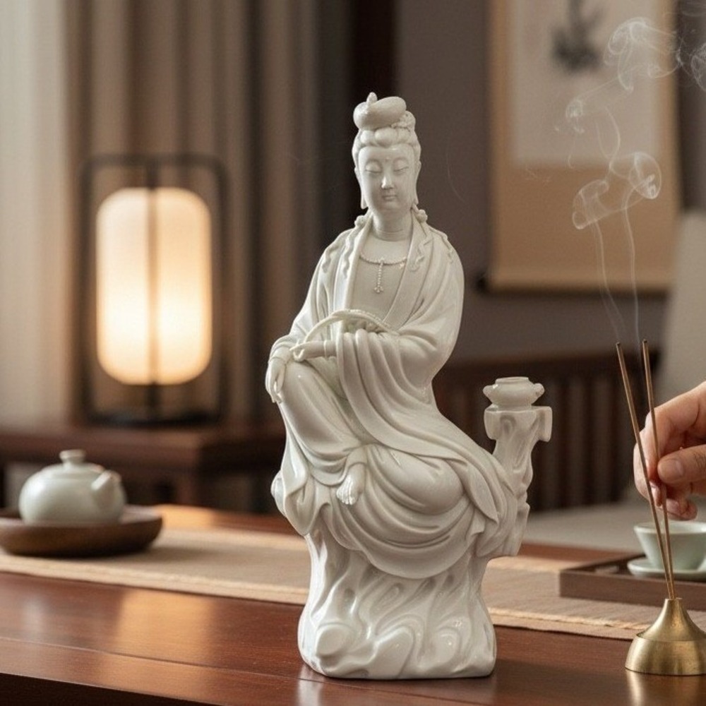 Vintage Blanc de Chine Guan Yin Porcelain Statue 11.5" White Figurine